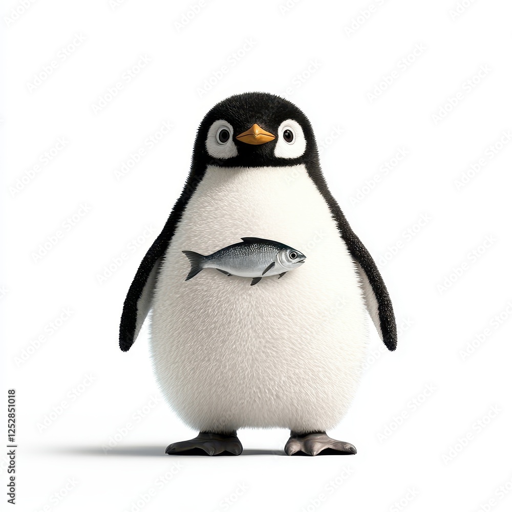 Fototapeta premium Cute Penguin Holding a Small Fish in Its Flippers