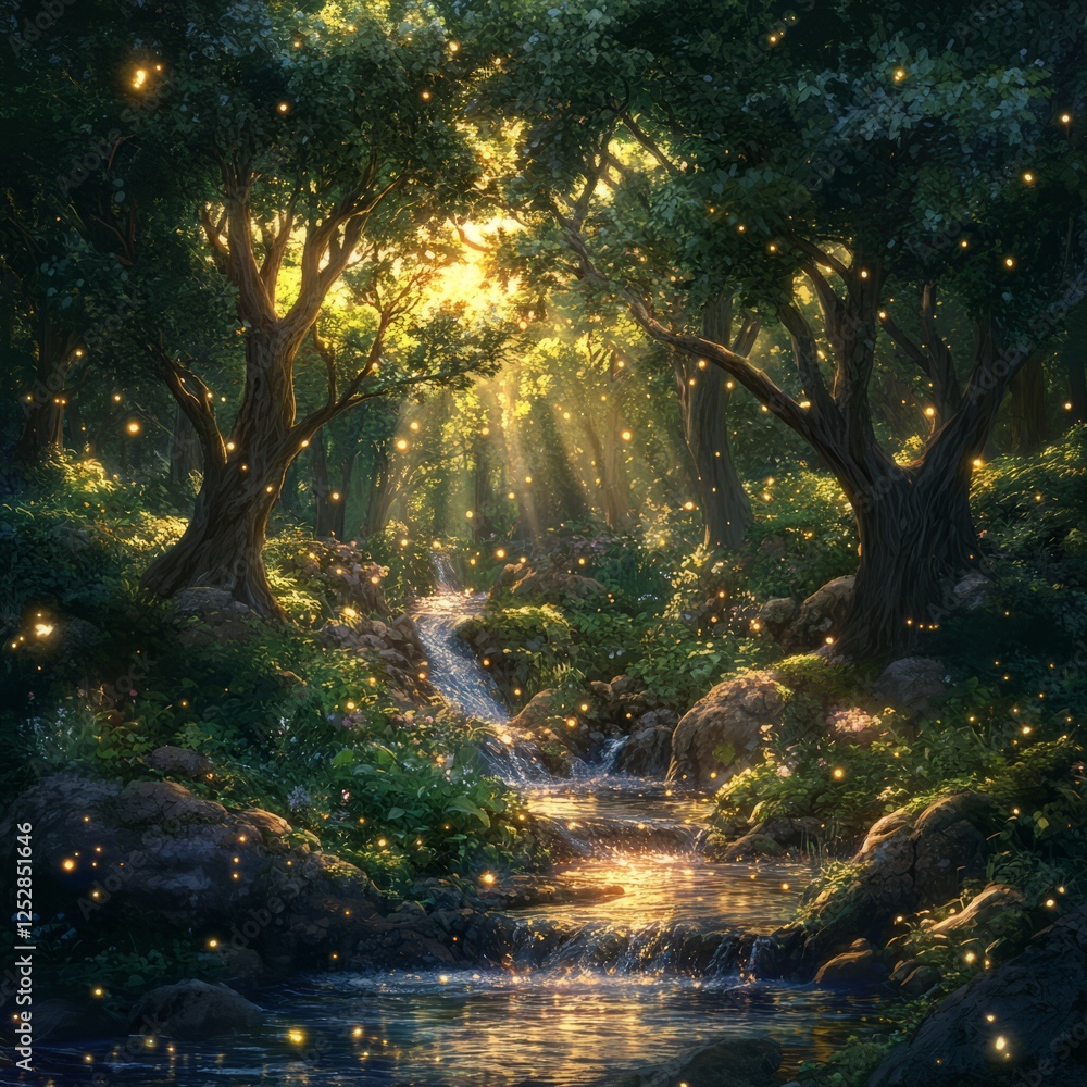 Fototapeta premium A serene fantasy forest with gentle, glowing streams flowing beneath towering trees