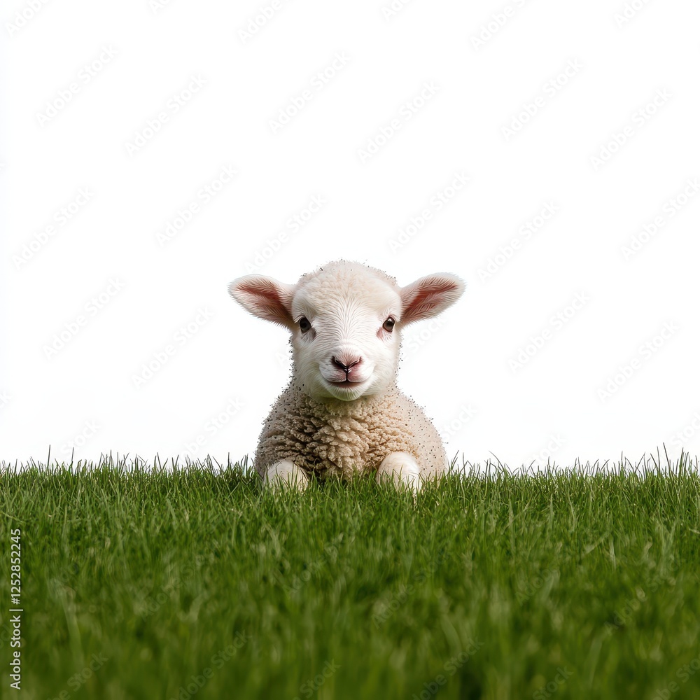Fototapeta premium Cute Lamb Peeking Over Green Grass in Bright Light