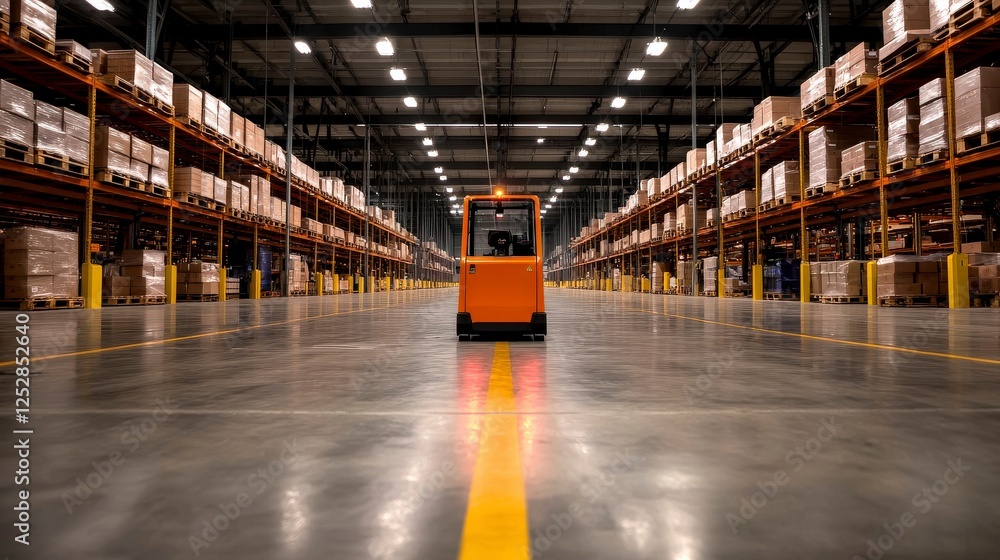 Empty Warehouse with Forklift in Center Aisle Surrounded by Shelved Pallets and Industrial Lighting Fixtures Empty Warehouse with Forklift in Center Aisle Surrounded by Shelved Pallets and Industrial Lighting Fixtures