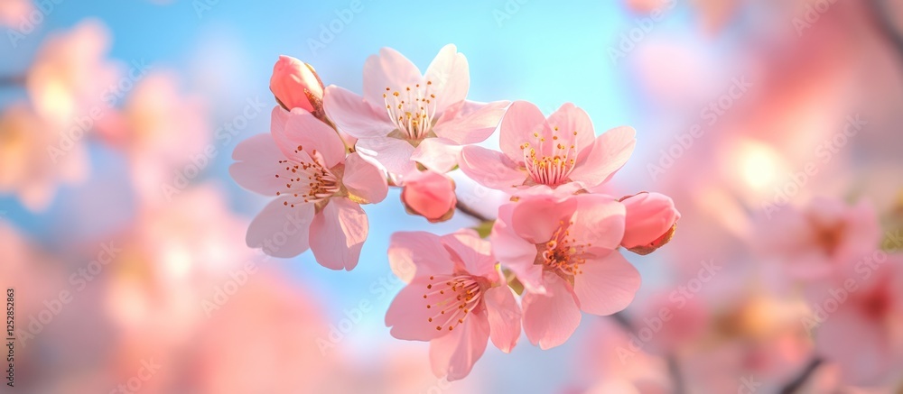 Obraz premium Spring cherry blossoms bloom, sunlit garden