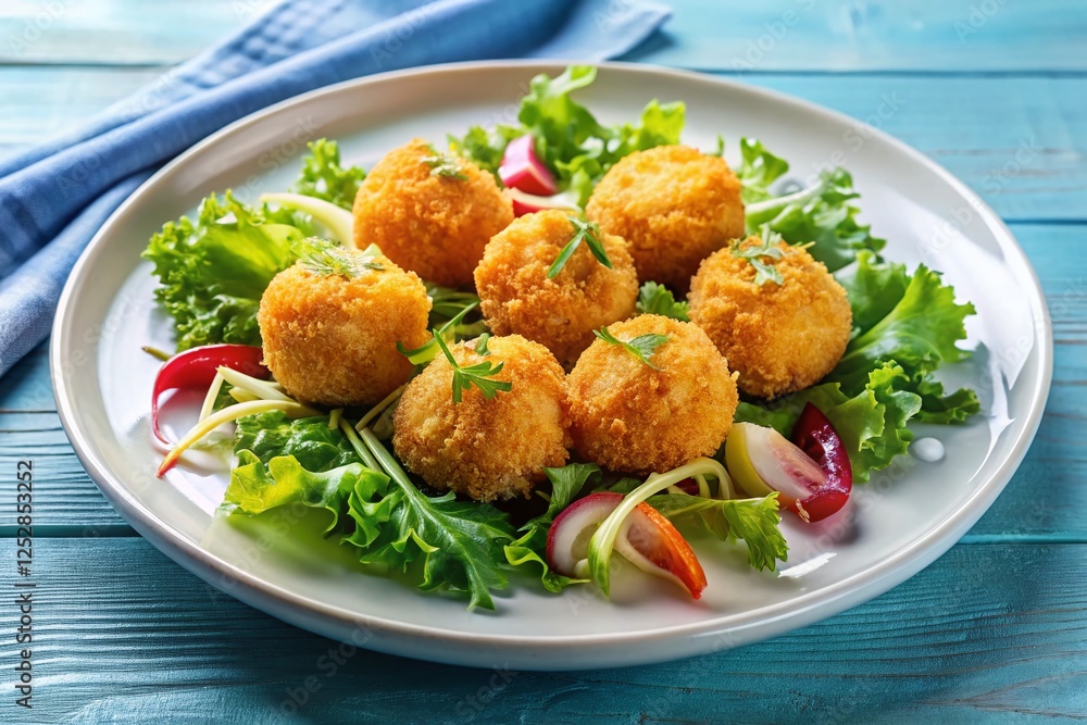 Fototapeta premium Aerial View: Floating White Plate with Shrimp Croquettes & Salad