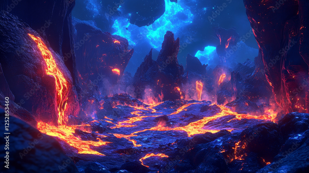 Fototapeta premium Fire and lava game effect. Magma and rock cartoon ui 2d set. Magic molten flow and liquid splash vfx isolated element design. Hell level platform crack, burst flame and heat ground surface section