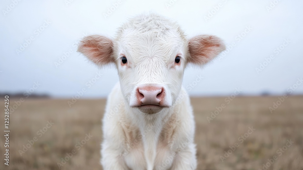 White calf in field, cloudy day, rural landscape, farm animal portrait