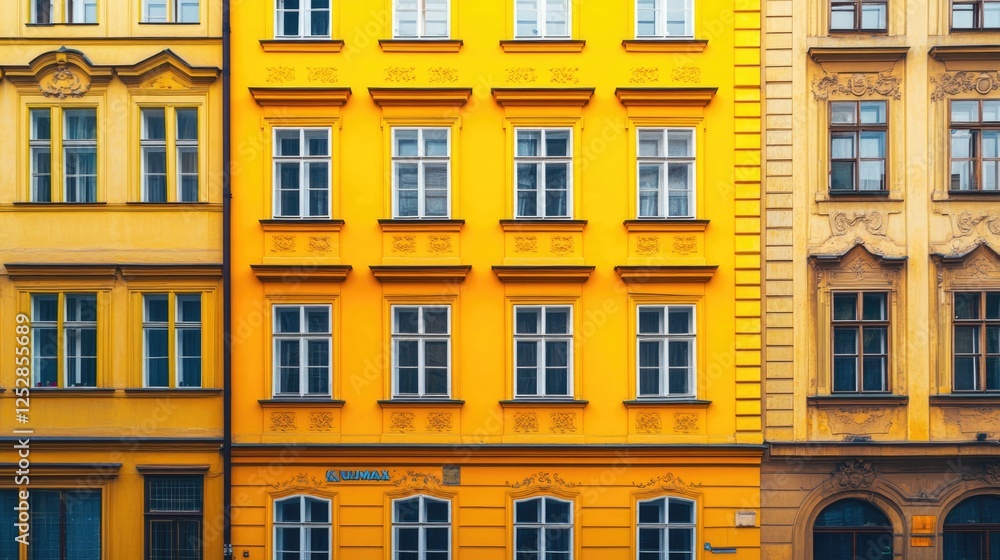 Beautiful row of old yellow buildings with windows and balconies Beautiful row of old yellow buildings with windows and balconies
