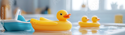 Colorful rubber ducks floating playfully in a bright, cheerful bathroom setting. photo