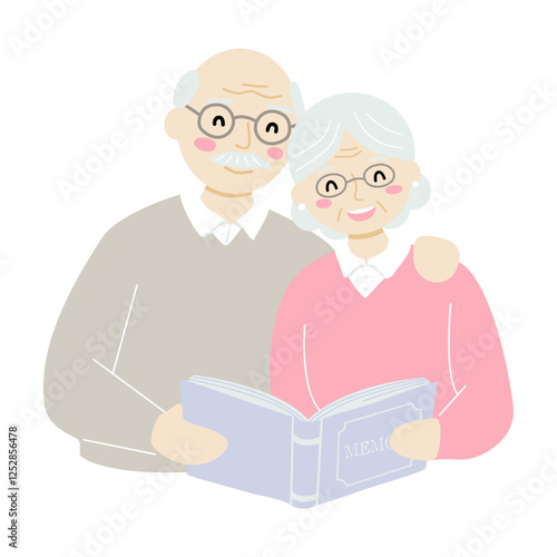 A senior couple looking through an old photo album, reminiscing about their past