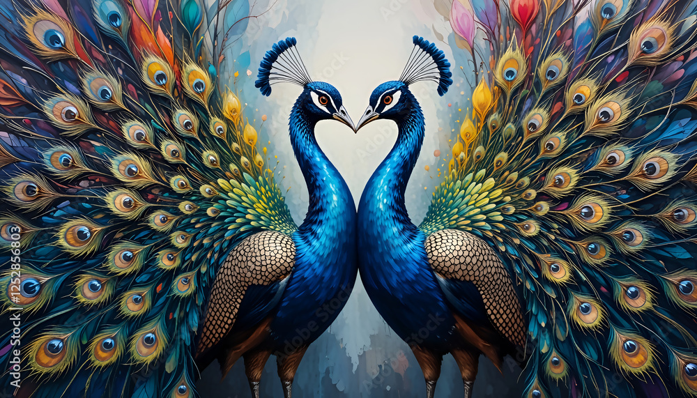 Fototapeta premium Ai generative of a painting showing love between a pair of peacocks showing their tails
