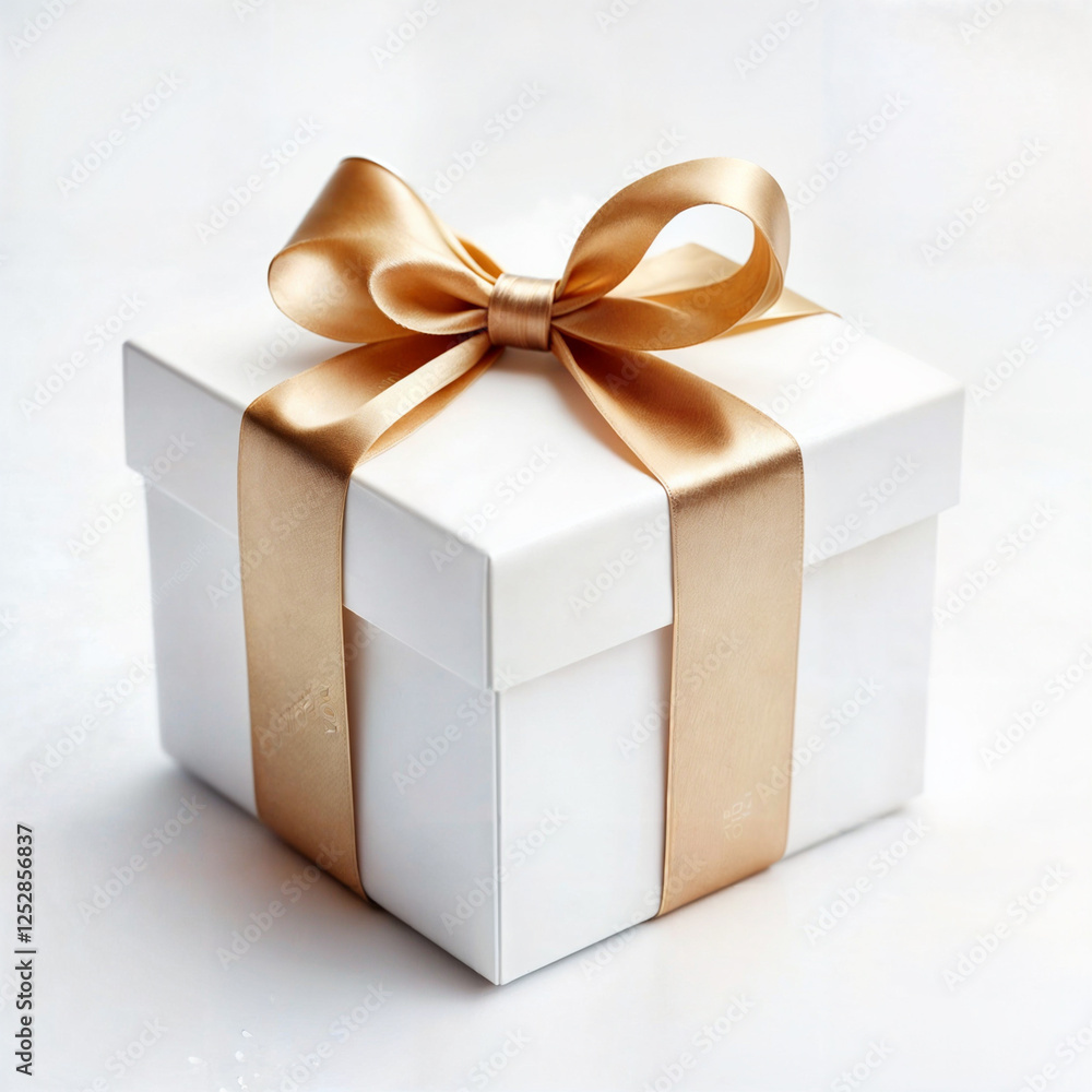 Obraz premium A luxurious white gift box adorned with a golden satin ribbon, exuding elegance and sophistication. Perfect for weddings, anniversaries, corporate gifts, and high-end celebrations, this chic and timel