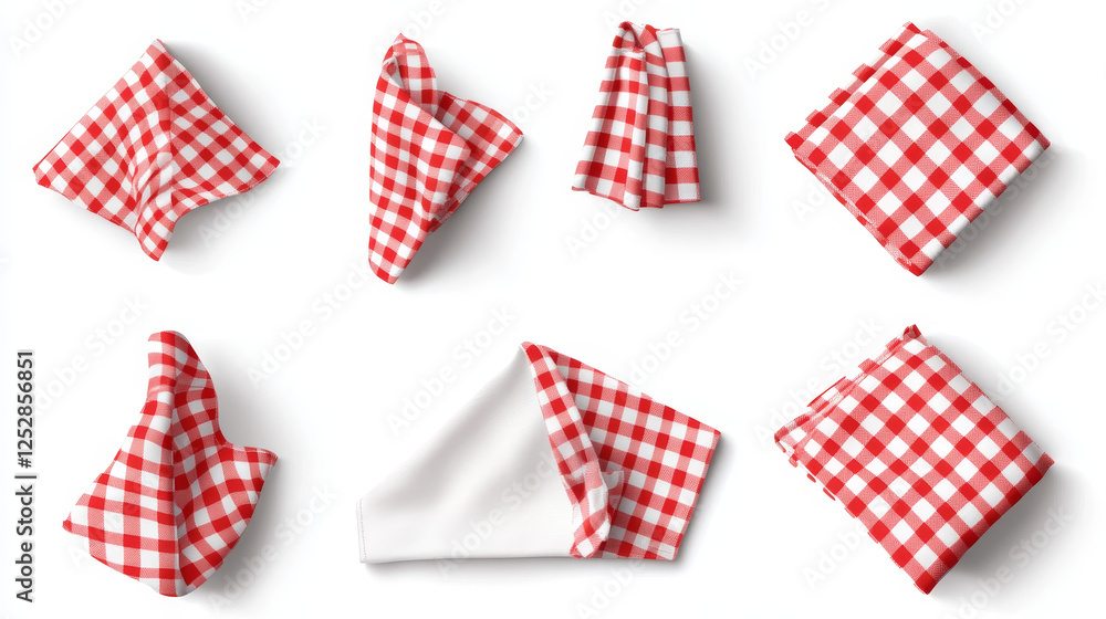 Obraz premium White empty and red gingham handkerchief mockup - realistic vector illustration set of folded cloth napkin or kitchen towel top view. Fabric textile tablecloth or restaurant serviette template.