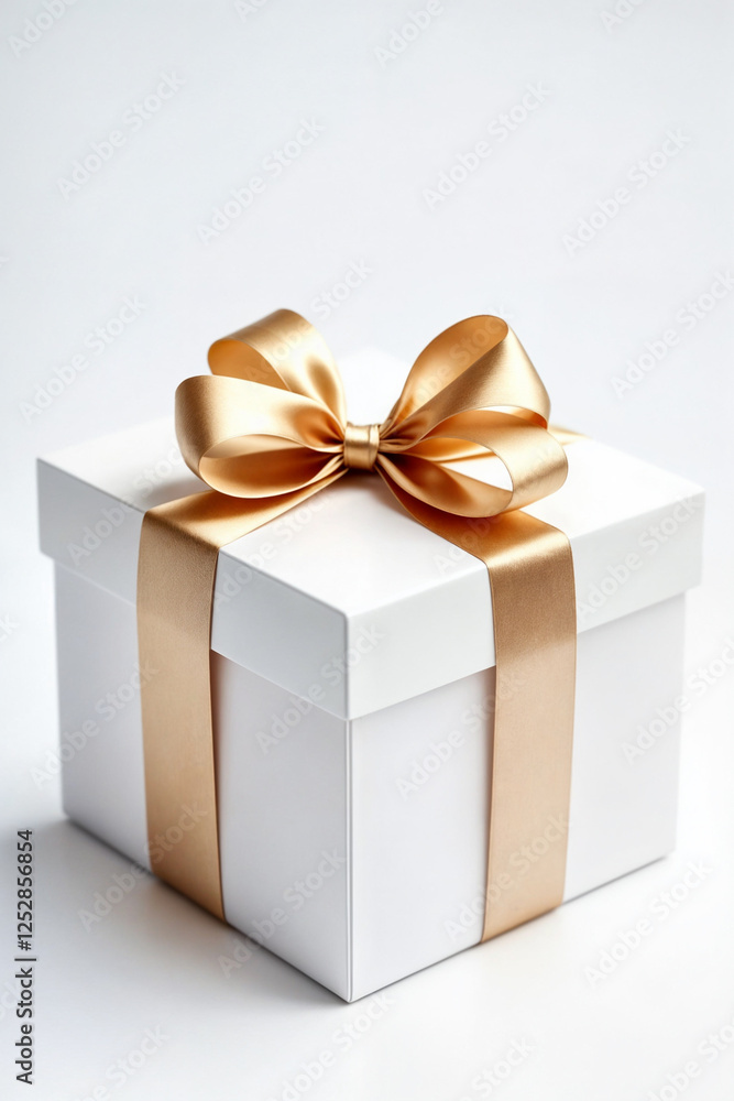 Obraz premium A luxurious white gift box adorned with a golden satin ribbon, exuding elegance and sophistication. Perfect for weddings, anniversaries, corporate gifts, and high-end celebrations, this chic and timel