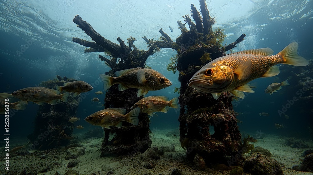 Fototapeta premium Schools of fish navigating underwater architecture ocean depths nature photography marine environment dynamic perspective