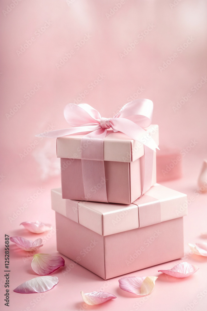 Fototapeta premium A romantic and elegant pink gift box adorned with delicate white ribbons and scattered rose petals, creating a dreamy, feminine, and luxurious aesthetic. Perfect for weddings, anniversaries, Valentine