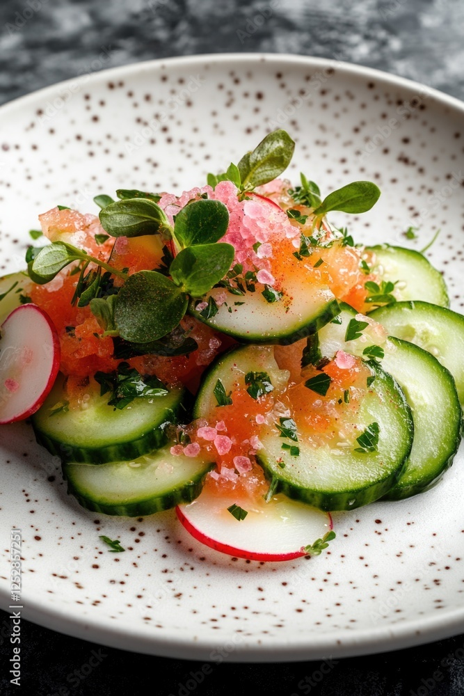 A fresh seafood salad with cucumbers, radishes, and greens topped with aromatic herbs. A fresh seafood salad with cucumbers, radishes, and greens topped with aromatic herbs.