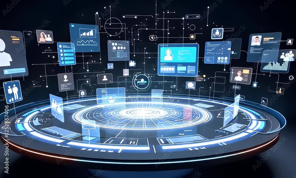 Digital data platform, network, interface, analytics, business, technology, future, innovation, holographic display Digital data platform, network, interface, analytics, business, technology, future, innovation, holographic display