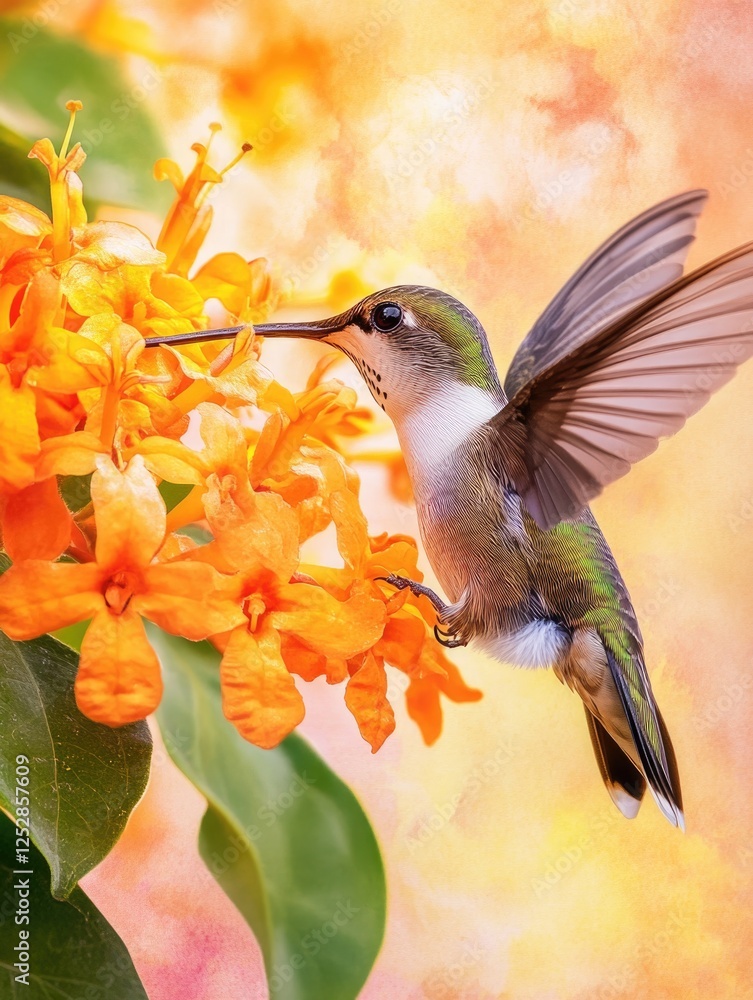 Obraz premium Close-up photo of a hummingbird feeding on bright orange flowers. The bird is in motion, capturing the essence of its agile nature.