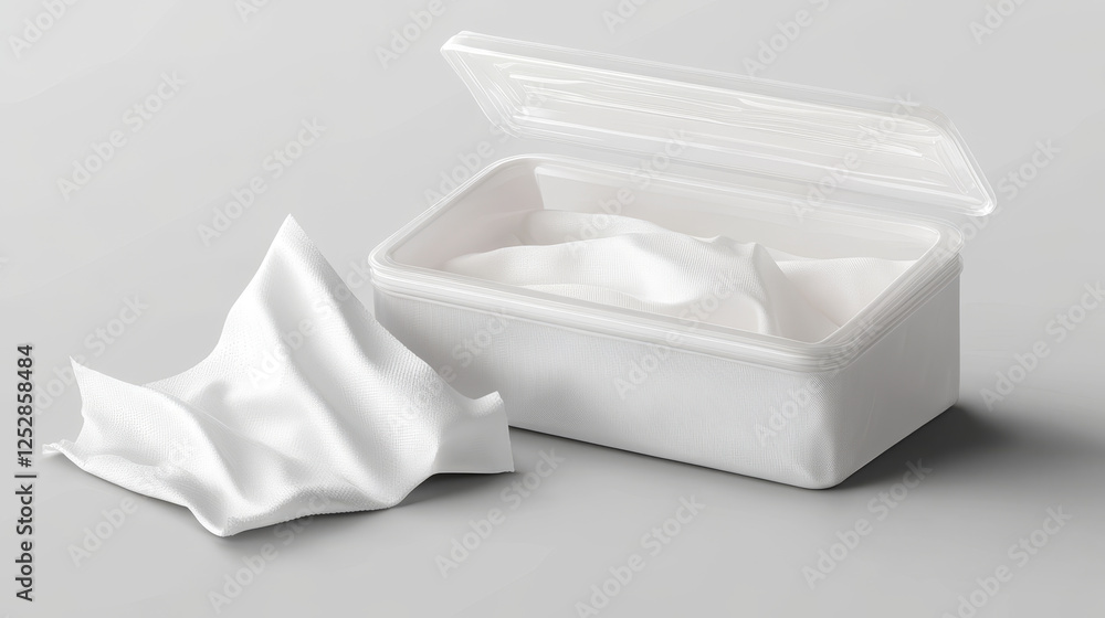 Wet wipes package mock up. Blank white plastic pack with tissues top and angle view. Vector 3d illustration of pouch with open cap and wet napkins isolated on transparent background. 3D Illustration Wet wipes package mock up. Blank white plastic pack with tissues top and angle view. Vector 3d illustration of pouch with open cap and wet napkins isolated on transparent background. 3D Illustration