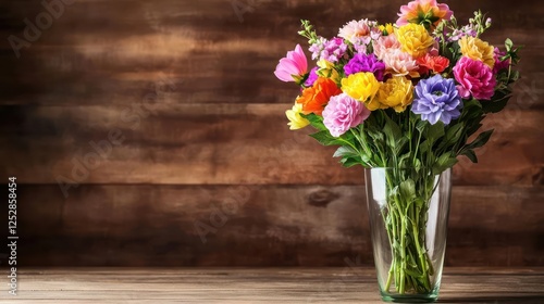 Wallpaper Mural Colorful Flower Bouquet In Glass Vase On Wooden Background Torontodigital.ca