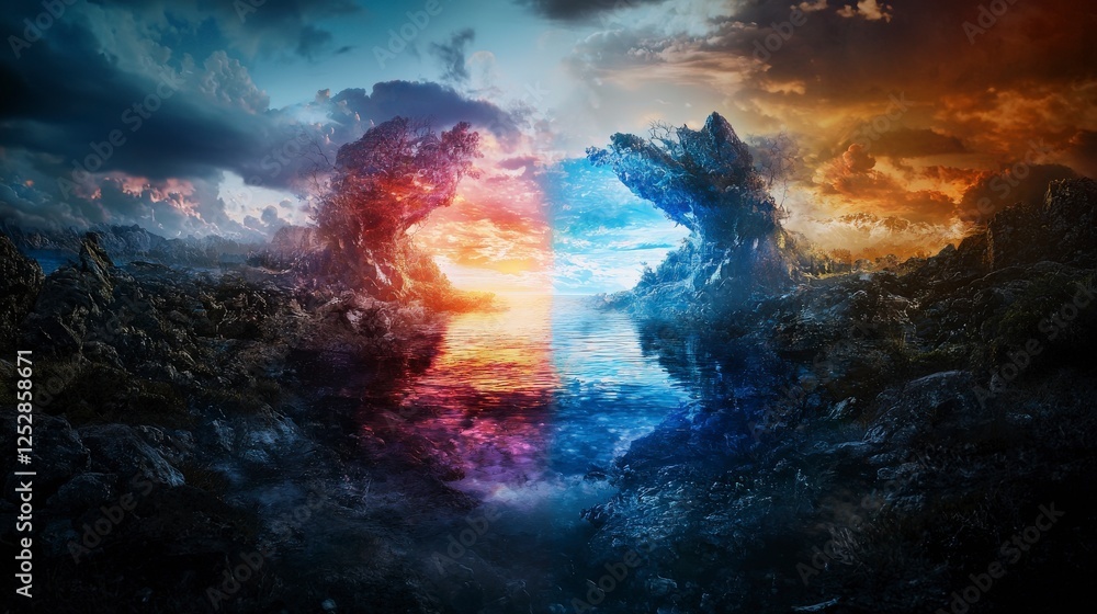 Fototapeta premium Dramatic clash of realities two worlds collide at twilight digital art ethereal landscape surreal viewpoint