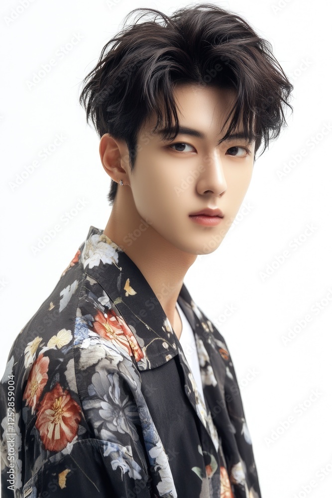K-pop singer posing in floral shirt, showcasing stylish and chic fashion sense. Young man with confident demeanor looking at camera. K-pop singer posing in floral shirt, showcasing stylish and chic fashion sense. Young man with confident demeanor looking at camera.