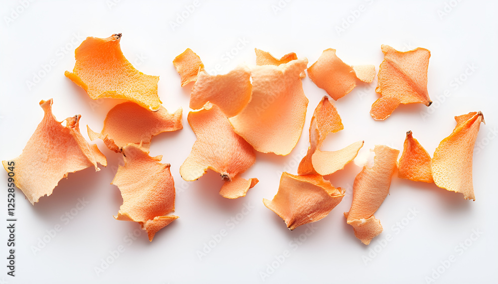 Fresh orange fruit peels on white background