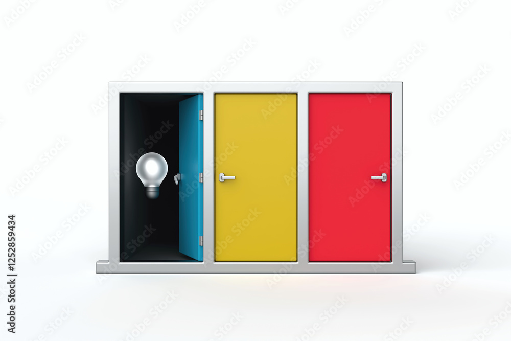 The Light Bulb Door, single light bulb shines brightly from behind slightly open blue door, offering glimmer of hope and inspiration amidst two closed, colorful doors, symbolizes choice, 3d rendering
