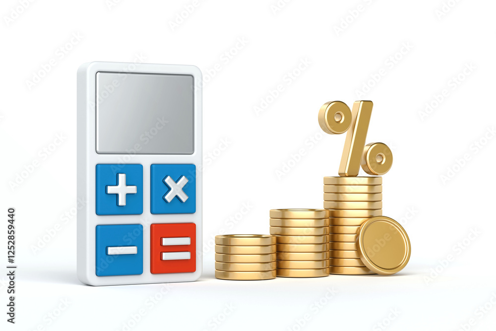 Calculating Growth, calculator and stacks of gold coins with percentage symbol, symbolizing financial growth, investment returns, and interest calculations, 3d rendering