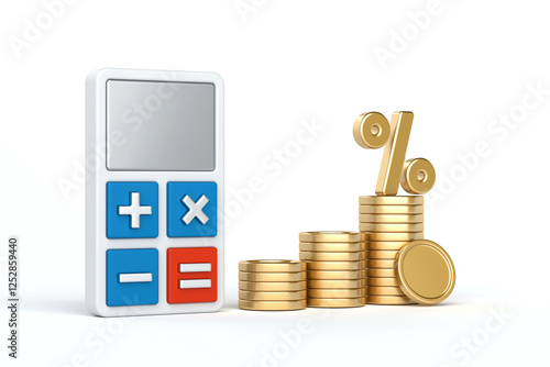 Obraz na płótnie Calculating Growth, calculator and stacks of gold coins with percentage symbol, symbolizing financial growth, investment returns, and interest calculations, 3d rendering w salonie