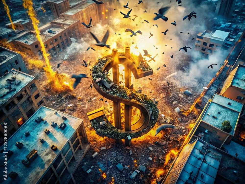 Obraz premium Aerial View of Dollar Sign Destruction: Birds & Debris Dispersion
