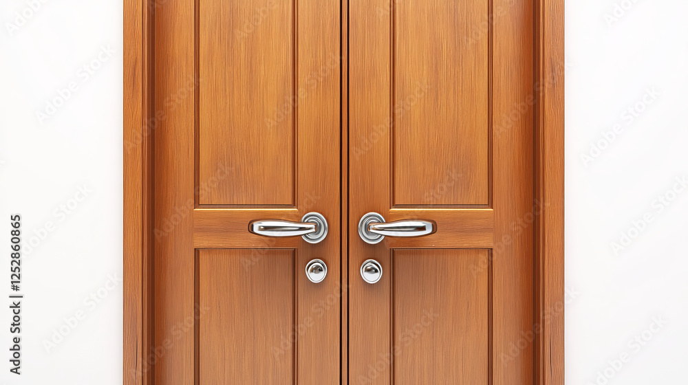Close and open wooden doors with chrome handles, interior doorways, modern design elements isolated on white background. welcome, invitation to enter, new opportunity, Realistic 3d vector illustration Close and open wooden doors with chrome handles, interior doorways, modern design elements isolated on white background. welcome, invitation to enter, new opportunity, Realistic 3d vector illustration
