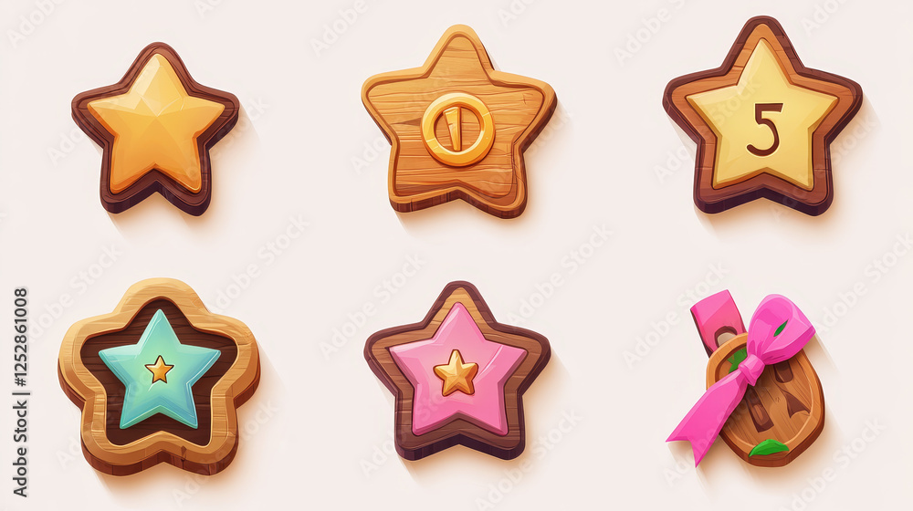 Game level wooden badges with gold rating stars isolated on background. Vector cartoon icons set of achievement rank labels, shape emblems with game level number and score, pink ribbon Game level wooden badges with gold rating stars isolated on background. Vector cartoon icons set of achievement rank labels, shape emblems with game level number and score, pink ribbon