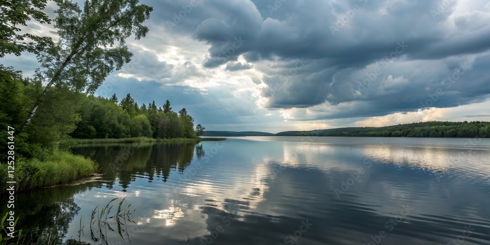 Fototapeta premium Serene Lake Landscape Under Dramatic Clouds and Reflected Sky