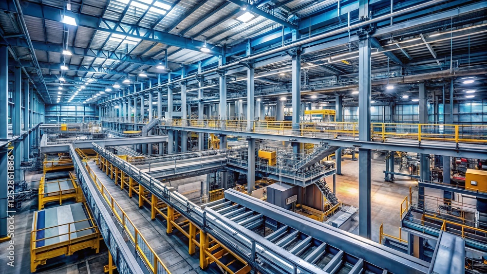 Fototapeta premium Aerial View of Industrial Grey Machinery Inside a Large Factory Building