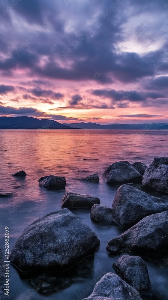 Serene lakeside rocks at sunset with vibrant sky and calm water, peaceful nature scene Serene lakeside rocks at sunset with vibrant sky and calm water, peaceful nature scene