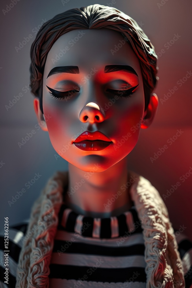 A serene close-up of a stylized female figure with striking makeup and a cozy sweater, illuminated by soft lighting A serene close-up of a stylized female figure with striking makeup and a cozy sweater, illuminated by soft lighting