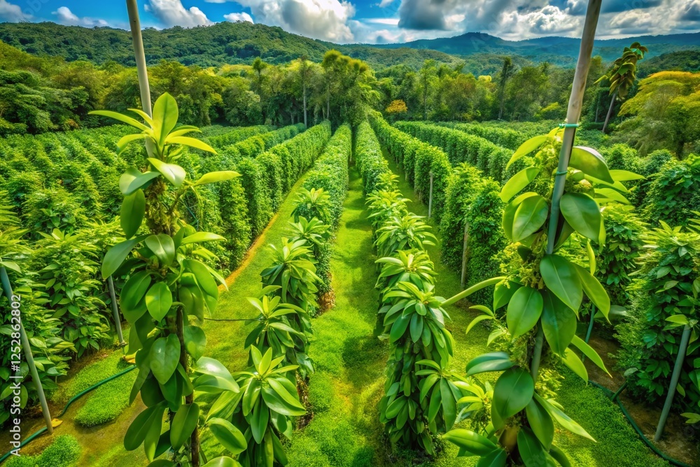 Aerial View of Lush Vanilla Plantation, Vanilla Planifolia Vines Growing on Support System Aerial View of Lush Vanilla Plantation, Vanilla Planifolia Vines Growing on Support System