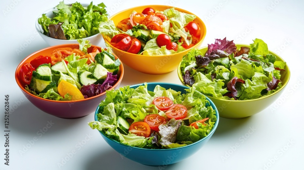 A selection of different colorful salads in a row, containing various types of fresh vegetables and fruits.