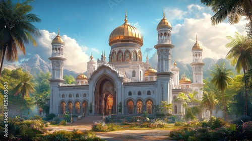Majestic palace with golden domes surrounded by lush palm trees and mountains in the background