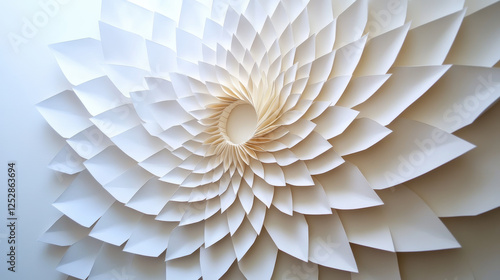 Abstract paper art wall of interconnected origami petals forming mesmerizing geometric pattern in radial arrangement, creating sense of depth and elegance in minimalist style