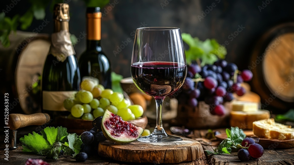 Fototapeta premium Wine and fruit spread on a rustic wooden table