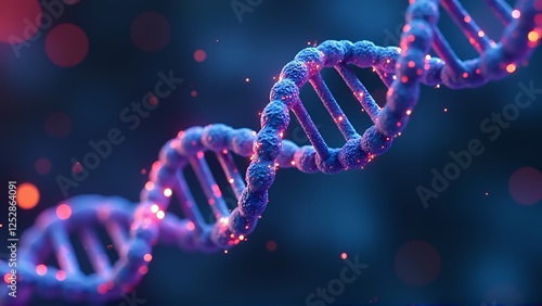 A visually striking representation of a DNA double helix, illuminated with vibrant blue and red lights. The detailed structure highlights the intricate design of genetic material, set against a dark b photo