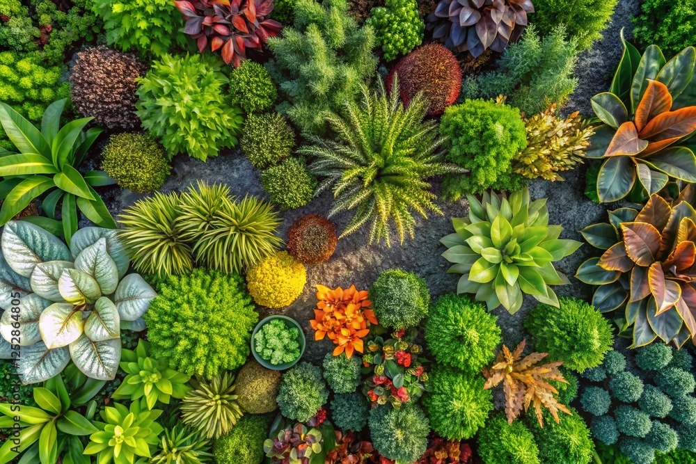 Fototapeta premium Aerial View of Seven Diverse Plants Arranged Together in a Garden