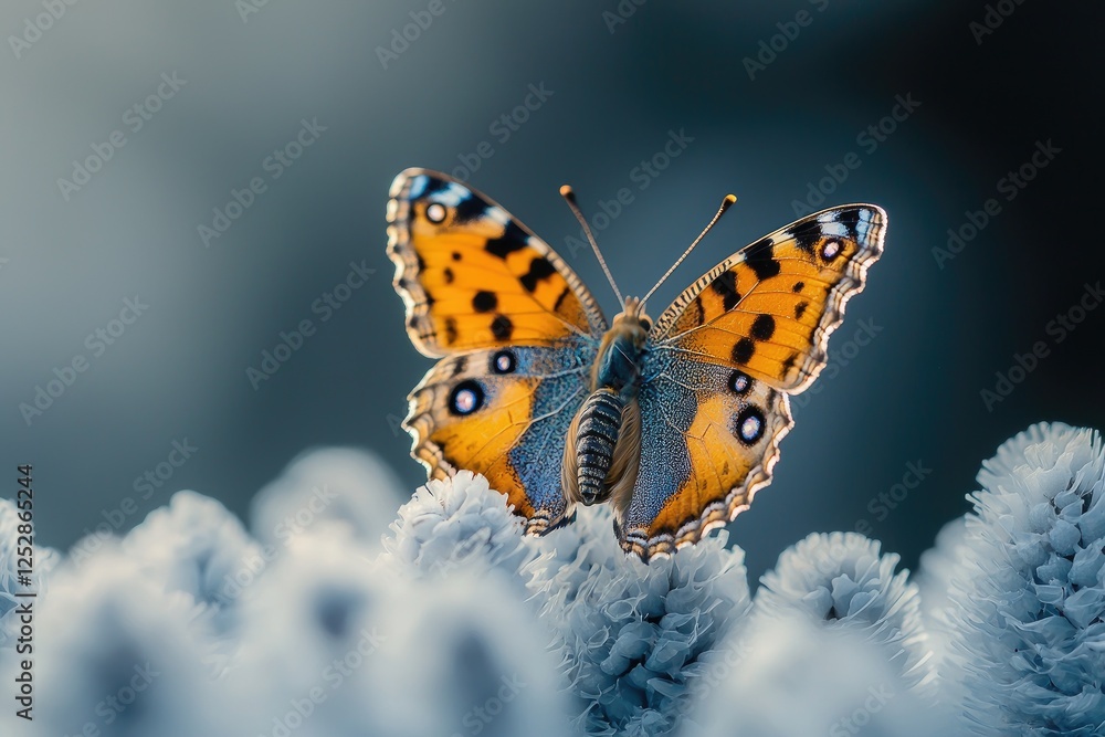 Obraz premium Vibrant Painted Lady Butterfly on Delicate Blue Flowers in Nature