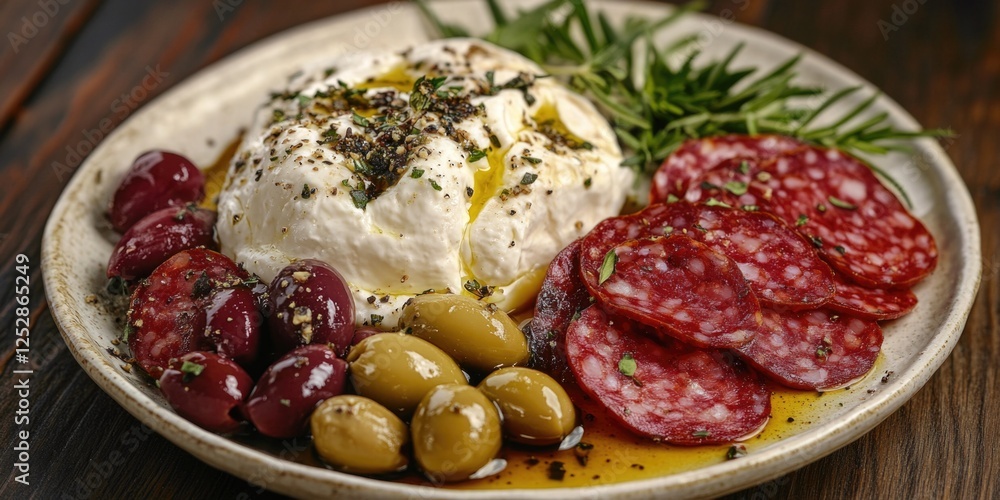 An enticing assortment of Mediterranean cheeses, olives and cured meats arranged in a ceramic dish on a wooden table. A delightful appetizer or tasting plate for any occasion. An enticing assortment of Mediterranean cheeses, olives and cured meats arranged in a ceramic dish on a wooden table. A delightful appetizer or tasting plate for any occasion.