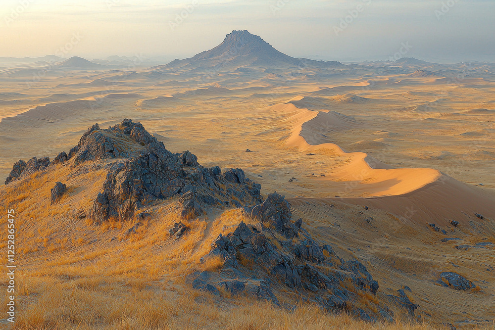 Fototapeta premium Desert landscape with sand dunes, rocky hills, distant mountain at sunrise