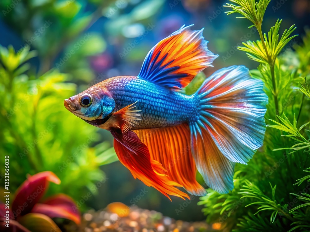 Aerial View of Vibrant Blue and Orange Betta Fish with Full Fin Display in Aquarium Tank Aerial View of Vibrant Blue and Orange Betta Fish with Full Fin Display in Aquarium Tank