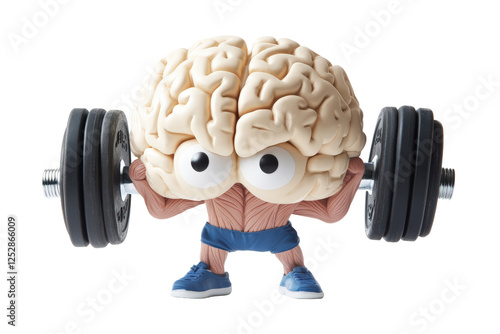 Isolated Cartoon Brain Lifting Weights with Dumbbells