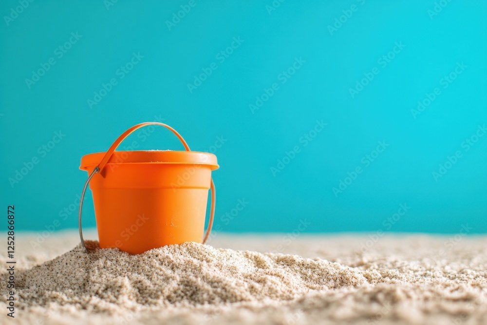 A bright orange bucket sits in the beach sand A bright orange bucket sits in the beach sand