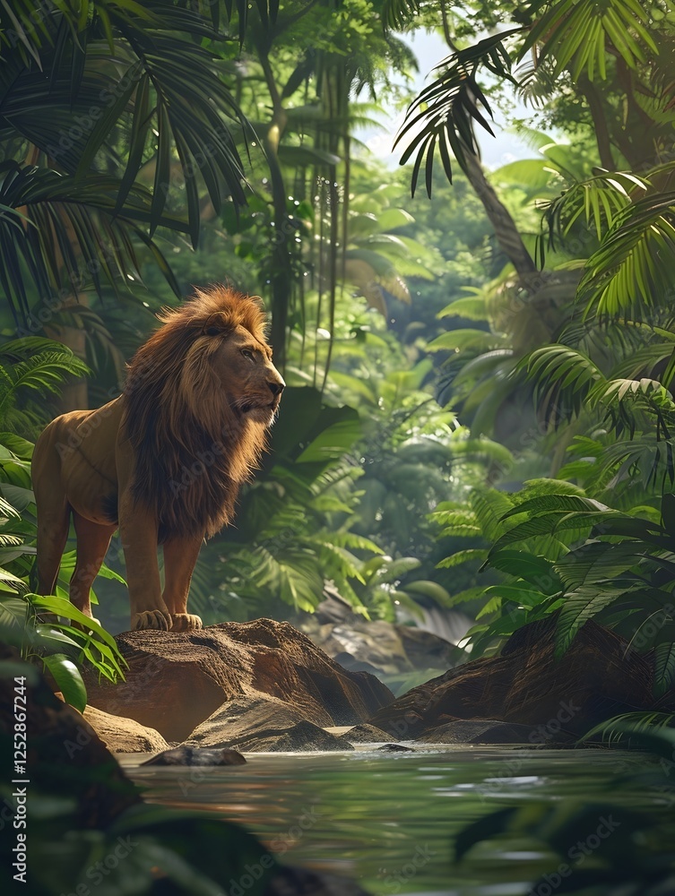 Obraz premium Tropic Lush Exotic Jungle Big Cat Lion in the green rainforest