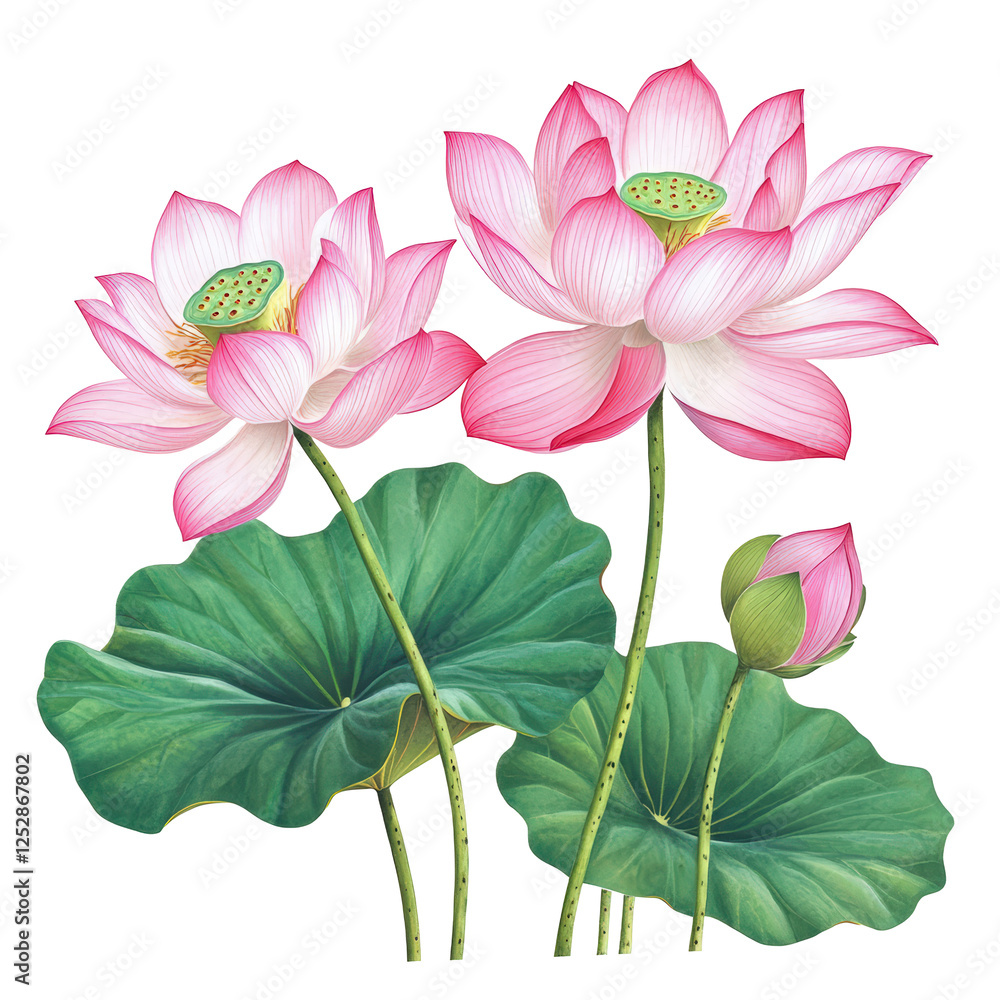 Isolated Pink Lotus Flowers with Buds and Leaves, Watercolor Isolated Pink Lotus Flowers with Buds and Leaves, Watercolor